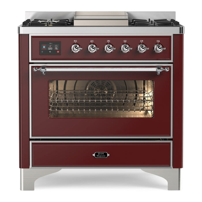 ILVE 36 Inch Majestic II Series Dual Fuel Natural Gas Range with 6 Burners and Griddle with 3.5 cu. ft. Oven Capacity TFT Oven Control Display (UM09FDNS3)