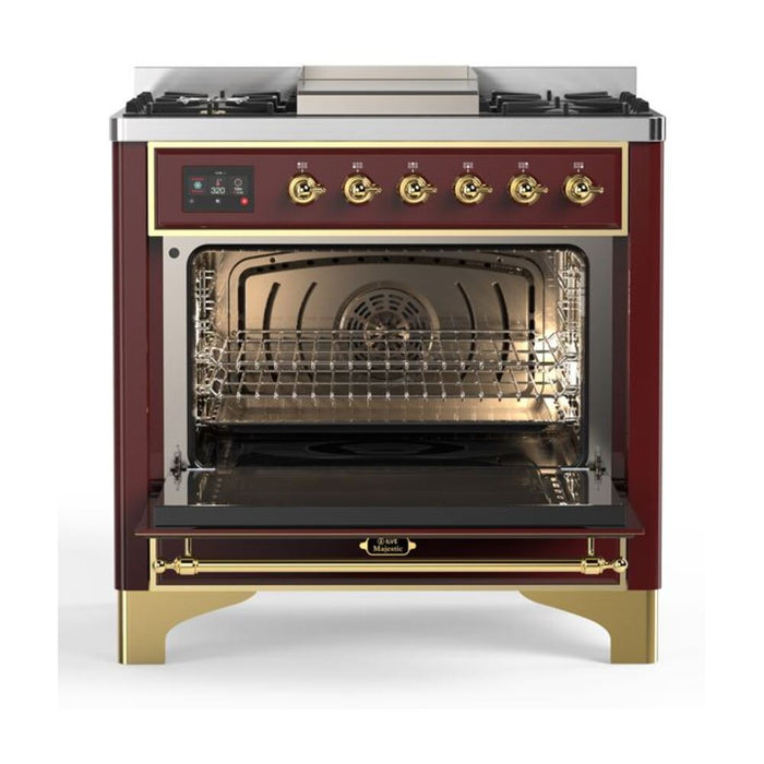 ILVE 36 Inch Majestic II Series Dual Fuel Natural Gas Range with 6 Burners and Griddle with 3.5 cu. ft. Oven Capacity TFT Oven Control Display (UM09FDNS3)
