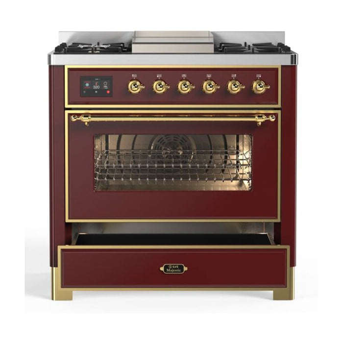 ILVE 36 Inch Majestic II Series Dual Fuel Natural Gas Range with 6 Burners and Griddle with 3.5 cu. ft. Oven Capacity TFT Oven Control Display (UM09FDNS3)