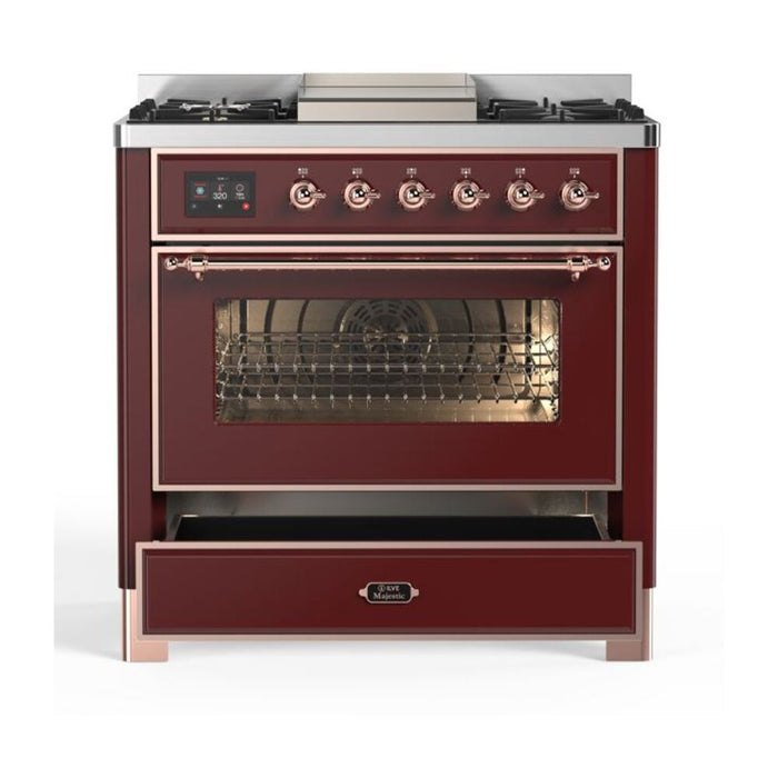 ILVE 36 Inch Majestic II Series Dual Fuel Natural Gas Range with 6 Burners and Griddle with 3.5 cu. ft. Oven Capacity TFT Oven Control Display (UM09FDNS3)