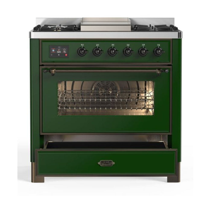 ILVE 36 Inch Majestic II Series Dual Fuel Natural Gas Range with 6 Burners and Griddle with 3.5 cu. ft. Oven Capacity TFT Oven Control Display (UM09FDNS3)
