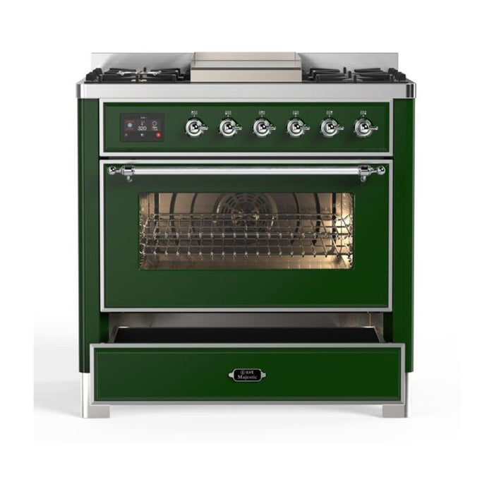 ILVE 36 Inch Majestic II Series Dual Fuel Natural Gas Range with 6 Burners and Griddle with 3.5 cu. ft. Oven Capacity TFT Oven Control Display (UM09FDNS3)