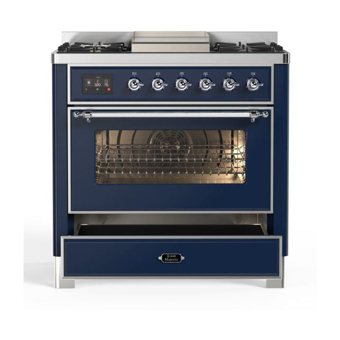 ILVE 36 Inch Majestic II Series Dual Fuel Natural Gas Range with 6 Burners and Griddle with 3.5 cu. ft. Oven Capacity TFT Oven Control Display (UM09FDNS3)