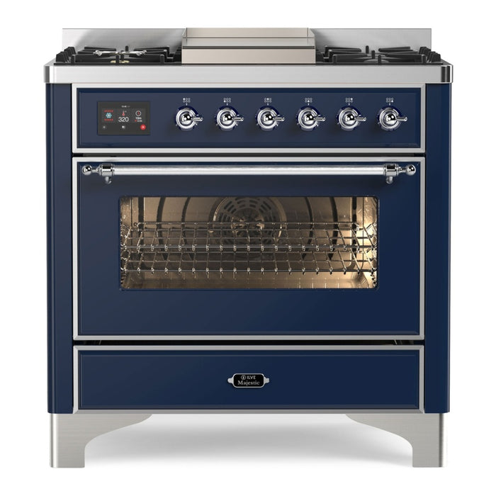 ILVE 36 Inch Majestic II Series Dual Fuel Natural Gas Range with 6 Burners and Griddle with 3.5 cu. ft. Oven Capacity TFT Oven Control Display (UM09FDNS3)