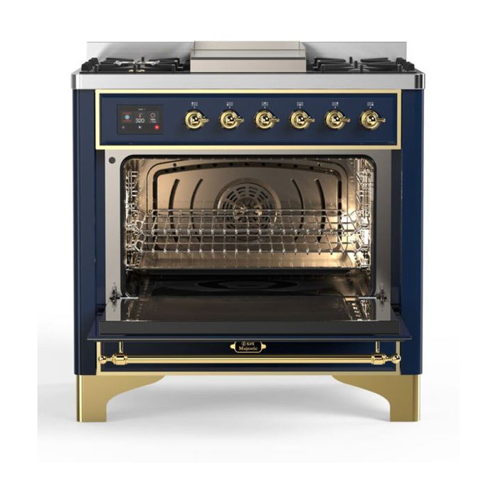 ILVE 36 Inch Majestic II Series Dual Fuel Natural Gas Range with 6 Burners and Griddle with 3.5 cu. ft. Oven Capacity TFT Oven Control Display (UM09FDNS3)