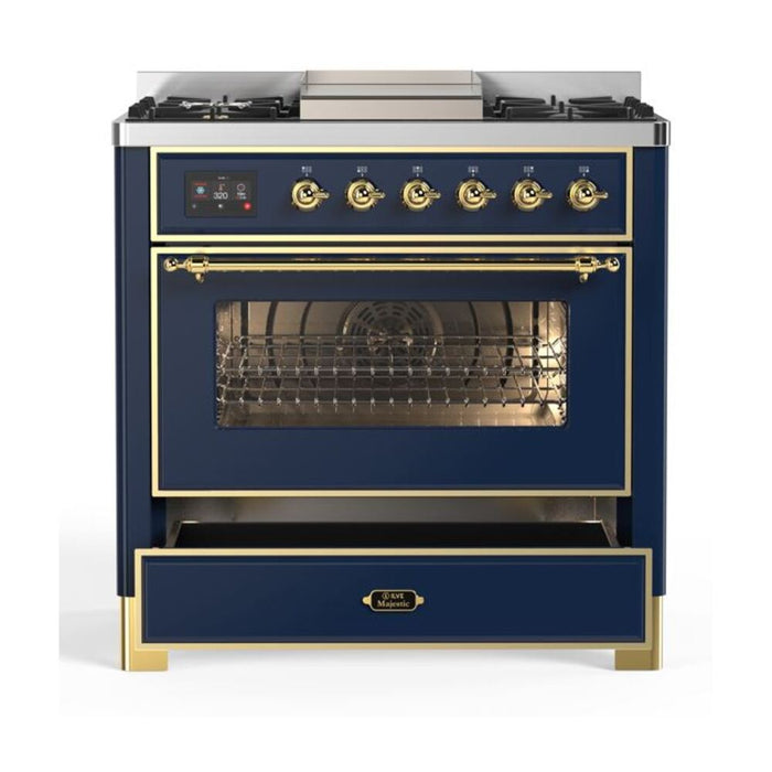 ILVE 36 Inch Majestic II Series Dual Fuel Natural Gas Range with 6 Burners and Griddle with 3.5 cu. ft. Oven Capacity TFT Oven Control Display (UM09FDNS3)