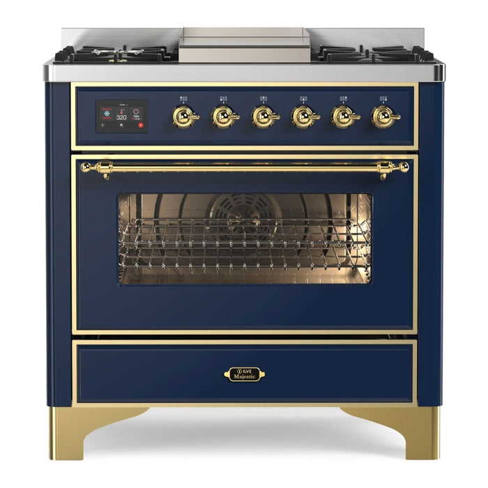 ILVE 36 Inch Majestic II Series Dual Fuel Natural Gas Range with 6 Burners and Griddle with 3.5 cu. ft. Oven Capacity TFT Oven Control Display (UM09FDNS3)