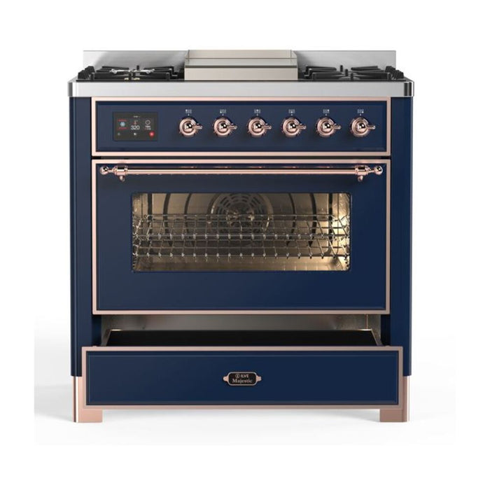 ILVE 36 Inch Majestic II Series Dual Fuel Natural Gas Range with 6 Burners and Griddle with 3.5 cu. ft. Oven Capacity TFT Oven Control Display (UM09FDNS3)