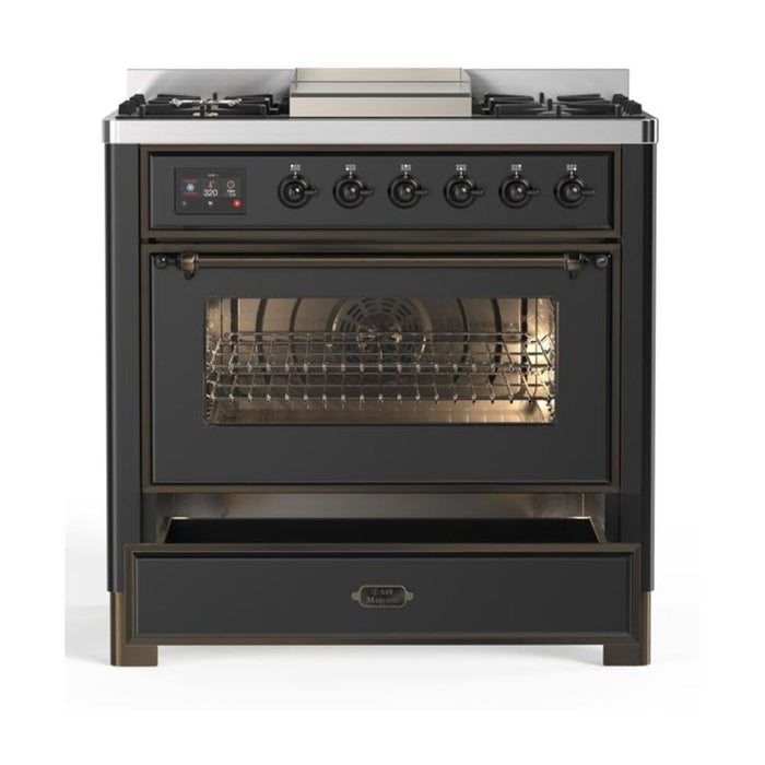 ILVE 36 Inch Majestic II Series Dual Fuel Natural Gas Range with 6 Burners and Griddle with 3.5 cu. ft. Oven Capacity TFT Oven Control Display (UM09FDNS3)