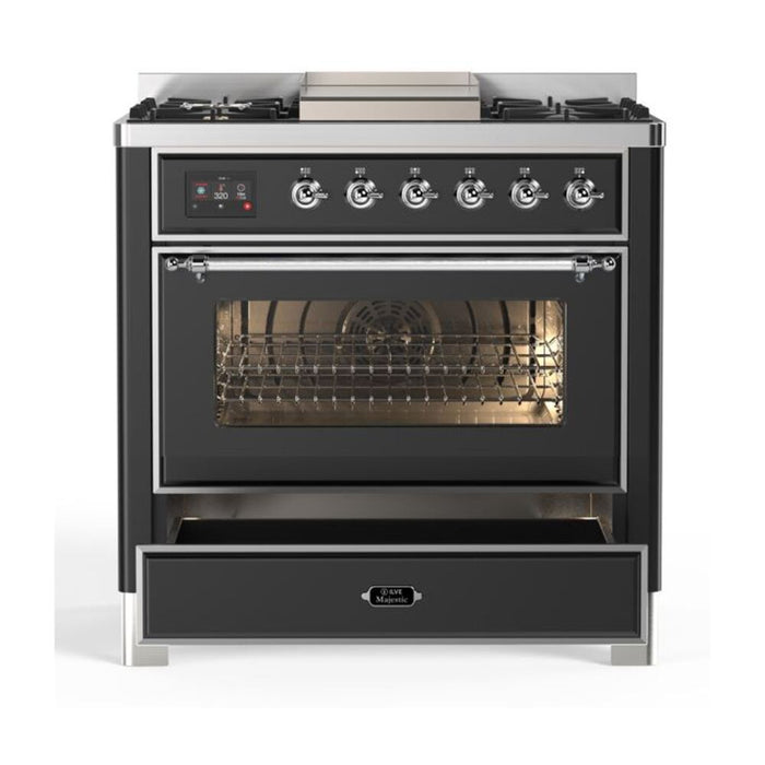 ILVE 36 Inch Majestic II Series Dual Fuel Natural Gas Range with 6 Burners and Griddle with 3.5 cu. ft. Oven Capacity TFT Oven Control Display (UM09FDNS3)