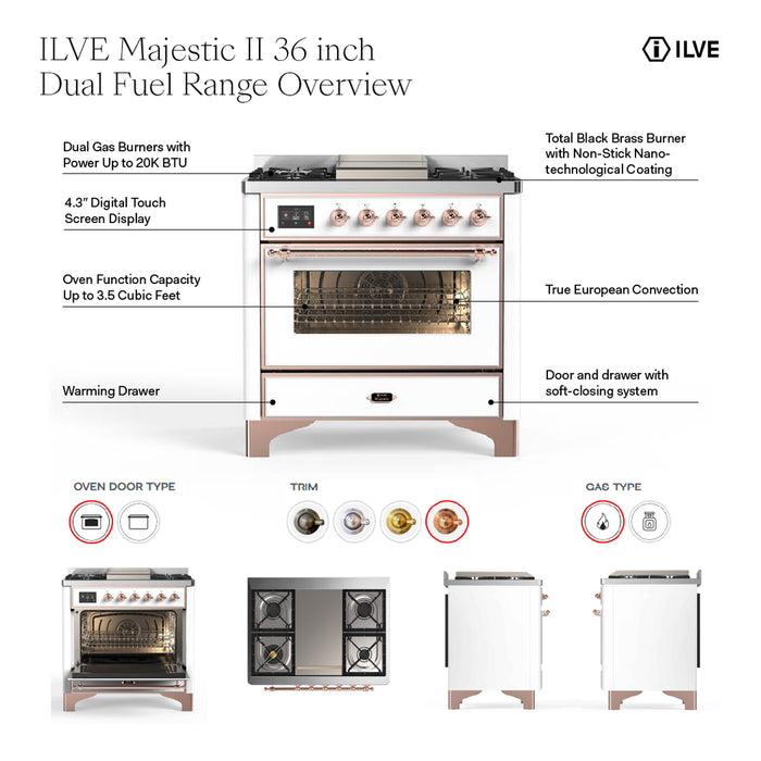 ILVE 36 Inch Majestic II Series Dual Fuel Natural Gas Range with 6 Burners and Griddle with 3.5 cu. ft. Oven Capacity TFT Oven Control Display (UM09FDNS3)