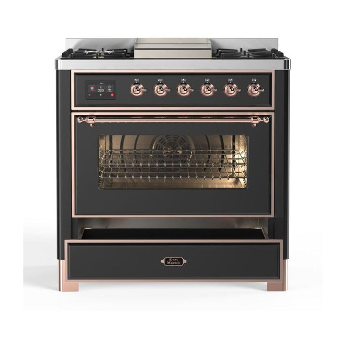 ILVE 36 Inch Majestic II Series Dual Fuel Natural Gas Range with 6 Burners and Griddle with 3.5 cu. ft. Oven Capacity TFT Oven Control Display (UM09FDNS3)