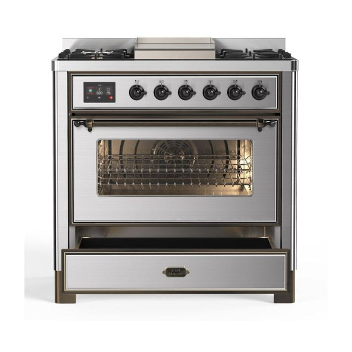 ILVE 36 Inch Majestic II Series Dual Fuel Natural Gas Range with 6 Burners and Griddle with 3.5 cu. ft. Oven Capacity TFT Oven Control Display (UM09FDNS3)