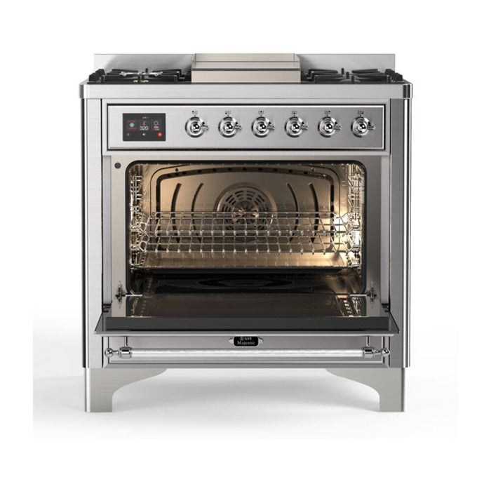 ILVE 36 Inch Majestic II Series Dual Fuel Natural Gas Range with 6 Burners and Griddle with 3.5 cu. ft. Oven Capacity TFT Oven Control Display (UM09FDNS3)