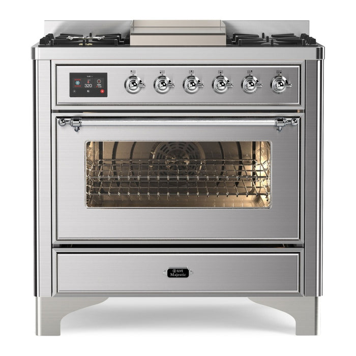 ILVE 36 Inch Majestic II Series Dual Fuel Natural Gas Range with 6 Burners and Griddle with 3.5 cu. ft. Oven Capacity TFT Oven Control Display (UM09FDNS3)