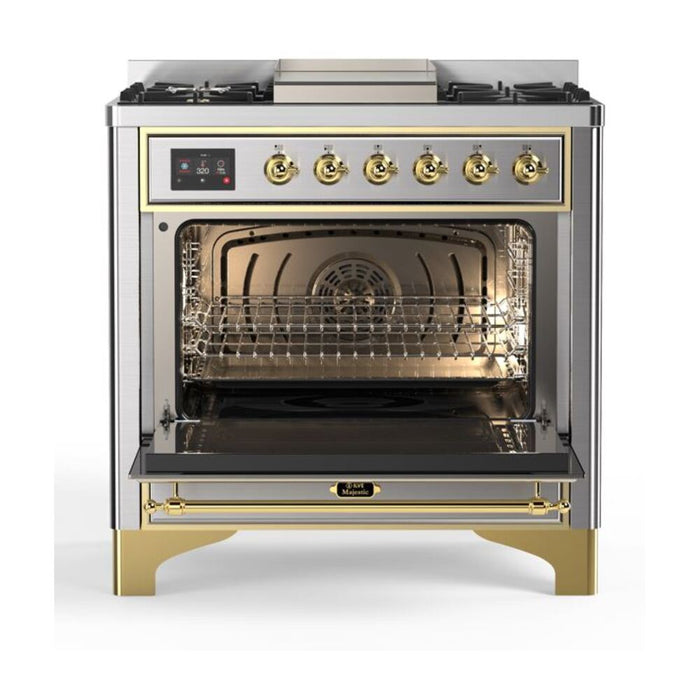 ILVE 36 Inch Majestic II Series Dual Fuel Natural Gas Range with 6 Burners and Griddle with 3.5 cu. ft. Oven Capacity TFT Oven Control Display (UM09FDNS3)