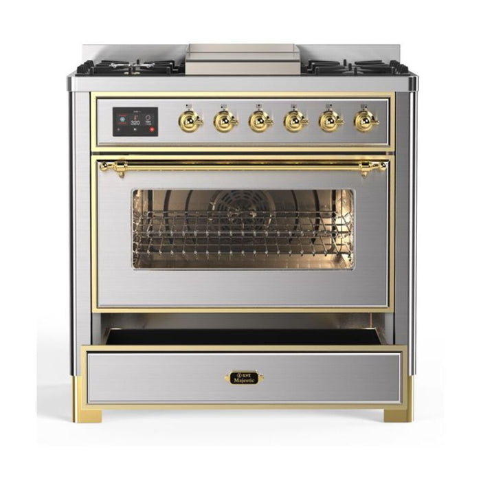ILVE 36 Inch Majestic II Series Dual Fuel Natural Gas Range with 6 Burners and Griddle with 3.5 cu. ft. Oven Capacity TFT Oven Control Display (UM09FDNS3)