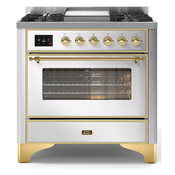 ILVE 36 Inch Majestic II Series Dual Fuel Natural Gas Range with 6 Burners and Griddle with 3.5 cu. ft. Oven Capacity TFT Oven Control Display (UM09FDNS3)