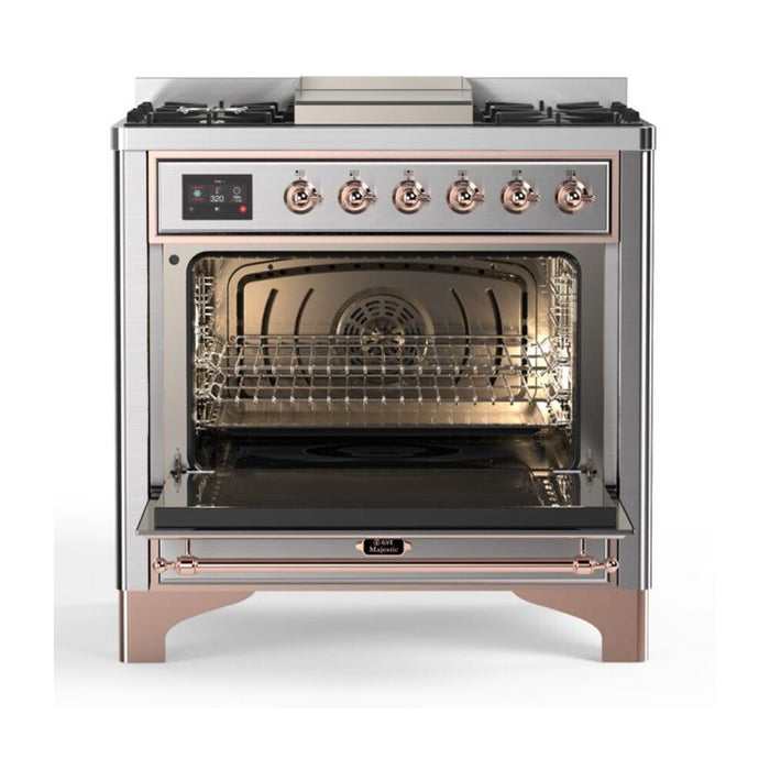 ILVE 36 Inch Majestic II Series Dual Fuel Natural Gas Range with 6 Burners and Griddle with 3.5 cu. ft. Oven Capacity TFT Oven Control Display (UM09FDNS3)
