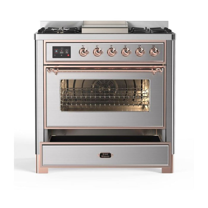 ILVE 36 Inch Majestic II Series Dual Fuel Natural Gas Range with 6 Burners and Griddle with 3.5 cu. ft. Oven Capacity TFT Oven Control Display (UM09FDNS3)