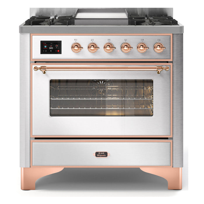ILVE 36 Inch Majestic II Series Dual Fuel Natural Gas Range with 6 Burners and Griddle with 3.5 cu. ft. Oven Capacity TFT Oven Control Display (UM09FDNS3)