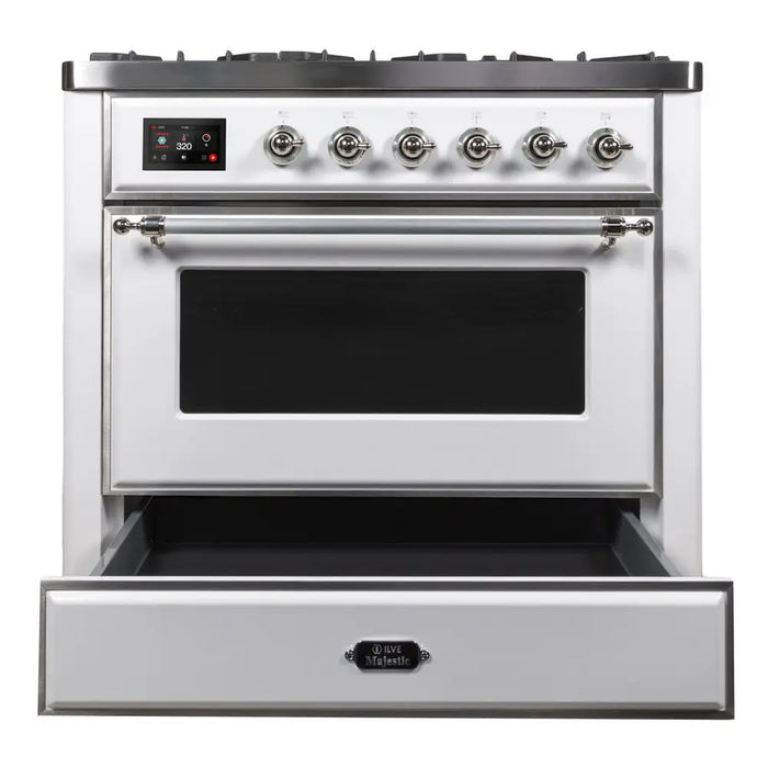 ILVE 36 Inch Majestic II Series Dual Fuel Natural Gas Range with 6 Burners and Griddle with 3.5 cu. ft. Oven Capacity TFT Oven Control Display (UM09FDNS3)
