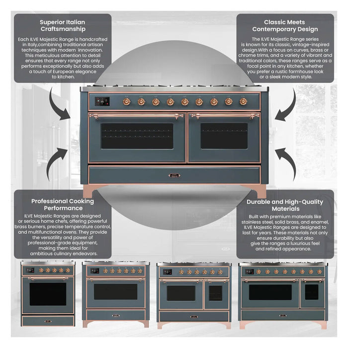 ILVE 48 Inch Majestic II Dual Fuel Range with 8 Sealed Burners, Triple Glass Cool Door, Convection Oven (UM12FDNS)