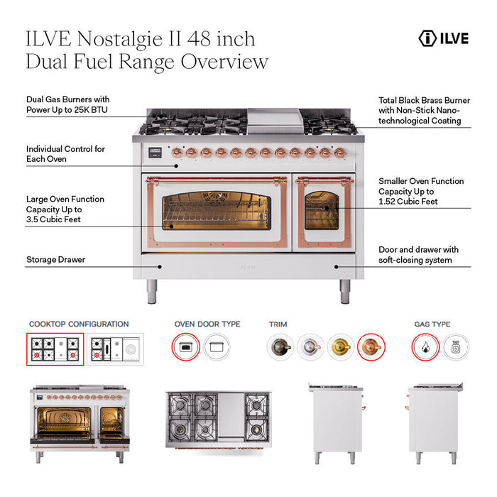 ILVE Nostalgie II 48 inch Dual Fuel Range (5 Sealed Burners + Griddle + French Top) - UP48FSNMP