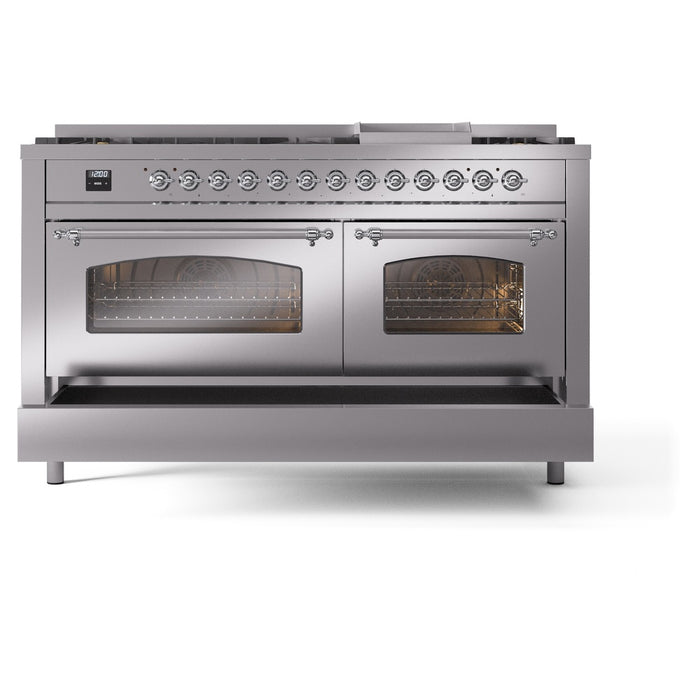 ILVE Nostalgie II 60" Dual Fuel Range with 9 Sealed Burners + Griddle + Triple Glass Door - UP60FNMP