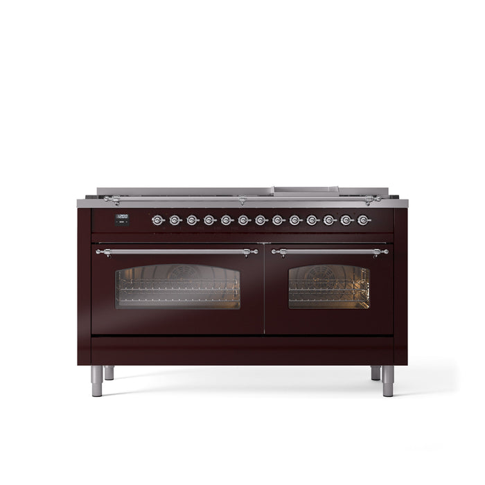 ILVE Nostalgie II 60" Dual Fuel Range with 9 Sealed Burners + Griddle + Triple Glass Door - UP60FNMP