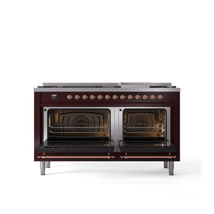 ILVE Nostalgie II 60" Dual Fuel Range with 9 Sealed Burners + Griddle + Triple Glass Door - UP60FNMP