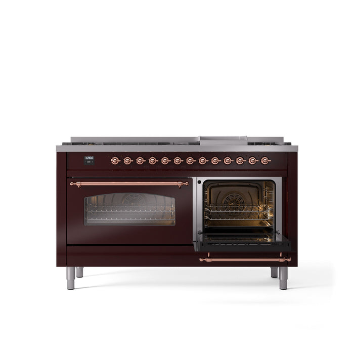 ILVE Nostalgie II 60" Dual Fuel Range with 9 Sealed Burners + Griddle + Triple Glass Door - UP60FNMP