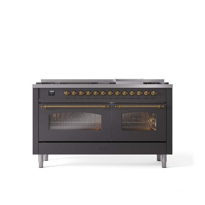 ILVE Nostalgie II 60" Dual Fuel Range with 9 Sealed Burners + Griddle + Triple Glass Door - UP60FNMP