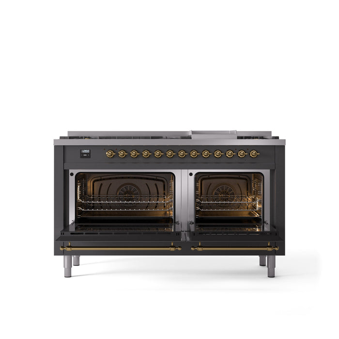 ILVE Nostalgie II 60" Dual Fuel Range with 9 Sealed Burners + Griddle + Triple Glass Door - UP60FNMP