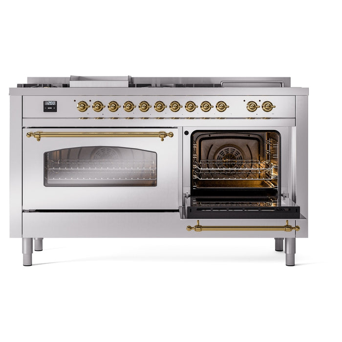 ILVE 60" Nostalgie II Dual Fuel Range with 7 Sealed Burners + Griddle + French Top, Triple Glass Door - UP60FSNMP