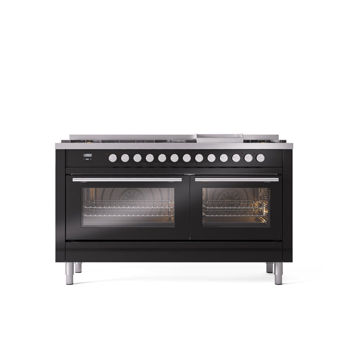 ILVE 60" Professional Plus II Dual Fuel Range with 9 Sealed Burners + Griddle, Triple Glass Door - UP60FWMP