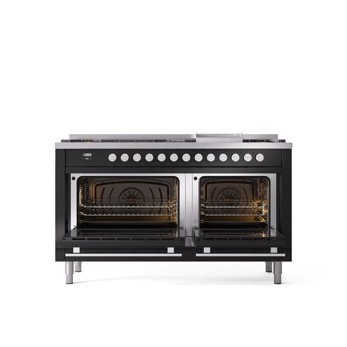 ILVE 60" Professional Plus II Dual Fuel Range with 9 Sealed Burners + Griddle, Triple Glass Door - UP60FWMP