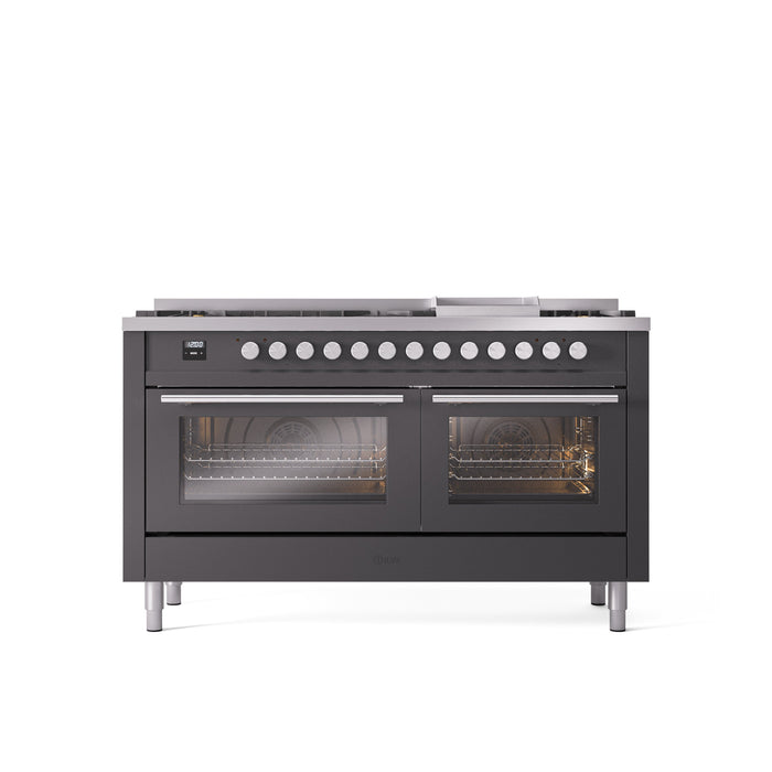 ILVE 60" Professional Plus II Dual Fuel Range with 9 Sealed Burners + Griddle, Triple Glass Door - UP60FWMP