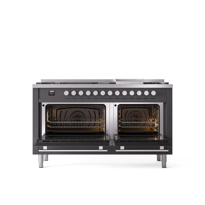 ILVE 60" Professional Plus II Dual Fuel Range with 9 Sealed Burners + Griddle, Triple Glass Door - UP60FWMP