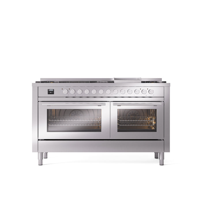 ILVE 60" Professional Plus II Dual Fuel Range with 9 Sealed Burners + Griddle, Triple Glass Door - UP60FWMP