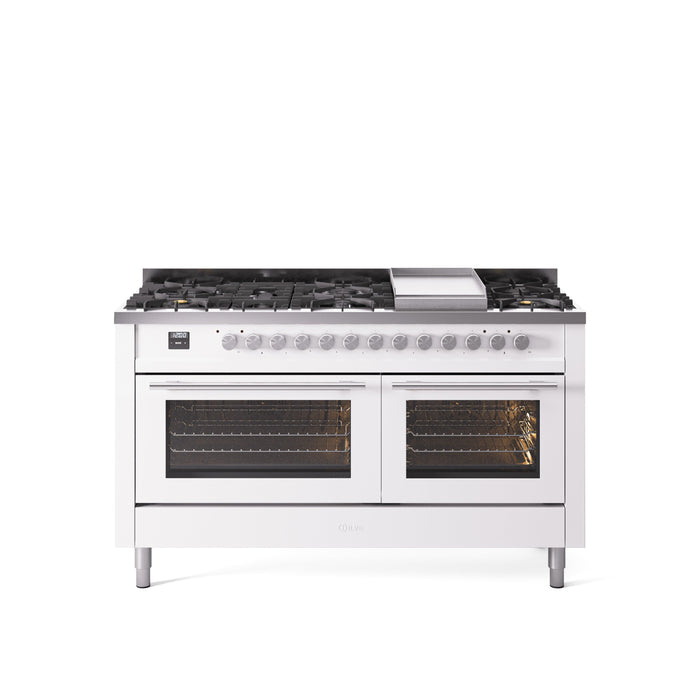 ILVE 60" Professional Plus II Dual Fuel Range with 9 Sealed Burners + Griddle, Triple Glass Door - UP60FWMP