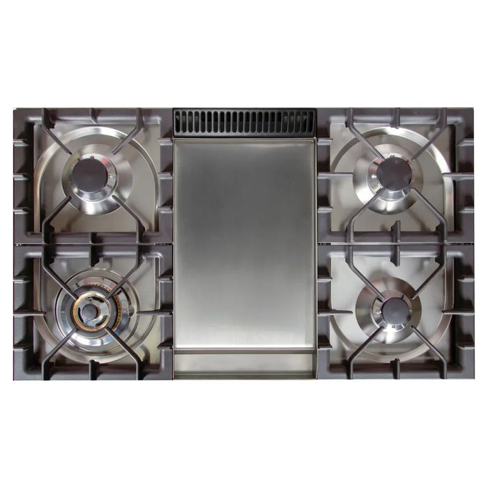 ILVE 40 inch Nostalgie I Series Dual Fuel Range with 5 Sealed Brass Burners, 3.55 cu. ft. Total Capacity, Griddle (Stainless Steel, Brass Trim) (Natural Gas)- UPDN100FDMPI
