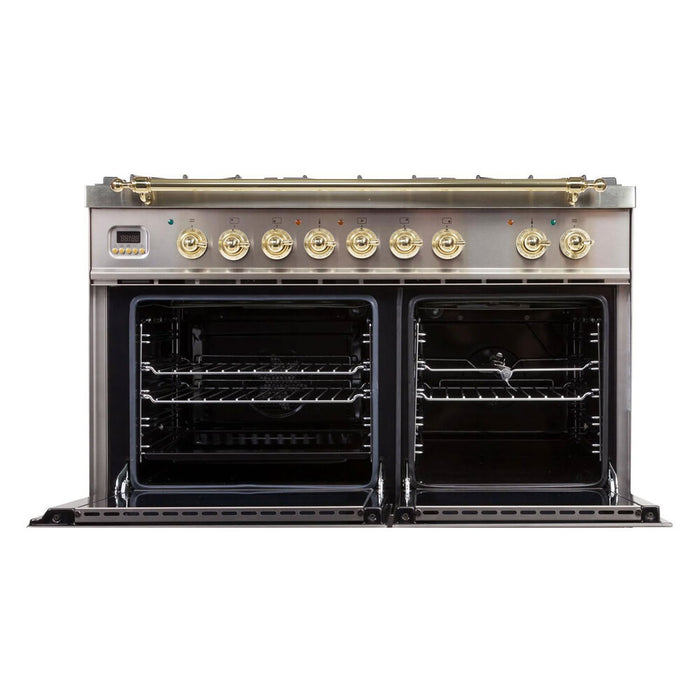 ILVE 40 inch Nostalgie I Series Dual Fuel Range with 5 Sealed Brass Burners, 3.55 cu. ft. Total Capacity, Griddle (Stainless Steel, Brass Trim) (Natural Gas)- UPDN100FDMPI