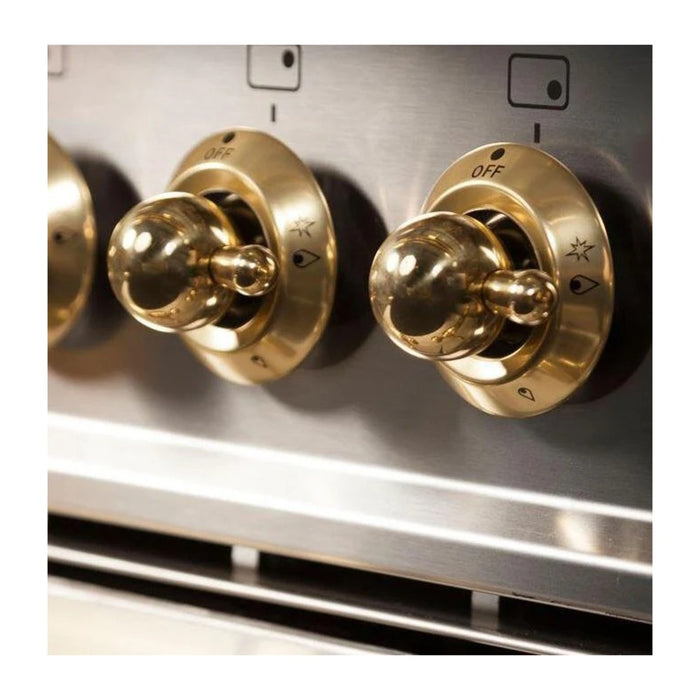 ILVE 40 inch Nostalgie I Series Dual Fuel Range with 5 Sealed Brass Burners, 3.55 cu. ft. Total Capacity, Griddle (Stainless Steel, Brass Trim) (Natural Gas)- UPDN100FDMPI