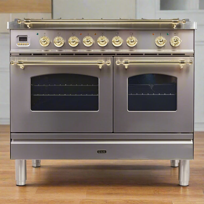 ILVE 40 inch Nostalgie I Series Dual Fuel Range with 5 Sealed Brass Burners, 3.55 cu. ft. Total Capacity, Griddle (Stainless Steel, Brass Trim) (Natural Gas)- UPDN100FDMPI