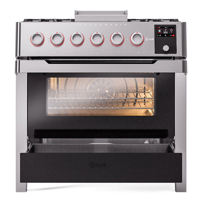 ILVE Panoramagic 36 inch Dual Fuel Range with 6 Burners, Griddle - UPM09FDS3SS