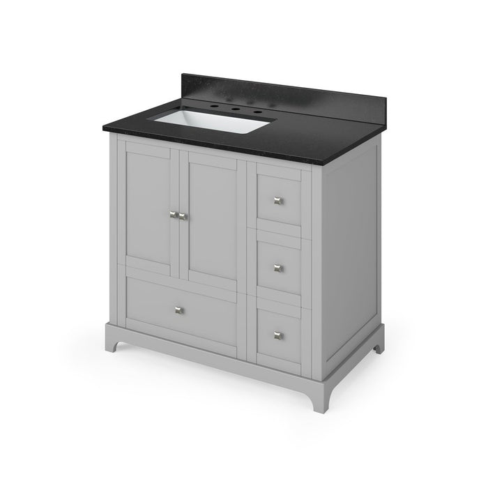 Jeffrey Alexander 36" Grey Addington Vanity, left offset, Black Granite Vanity Top, undermount rectangle bowl