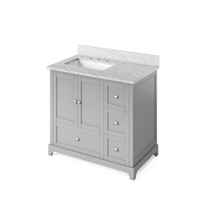 Jeffrey Alexander 36" Grey Addington Vanity, left offset, White Carrara Marble Vanity Top, undermount rectangle bowl