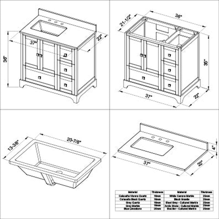 Jeffrey Alexander 36" White Addington Vanity, left offset, Steel Grey Cultured Marble Vanity Top, undermount rectangle bowl