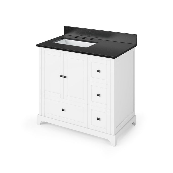 Jeffrey Alexander 36" White Addington Vanity, left offset, Black Granite Vanity Top, undermount rectangle bowl